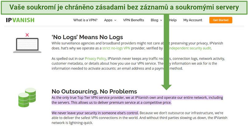 Snímek obrazovky webových stránek IPVanish uvádějící, že vlastní všechny své servery