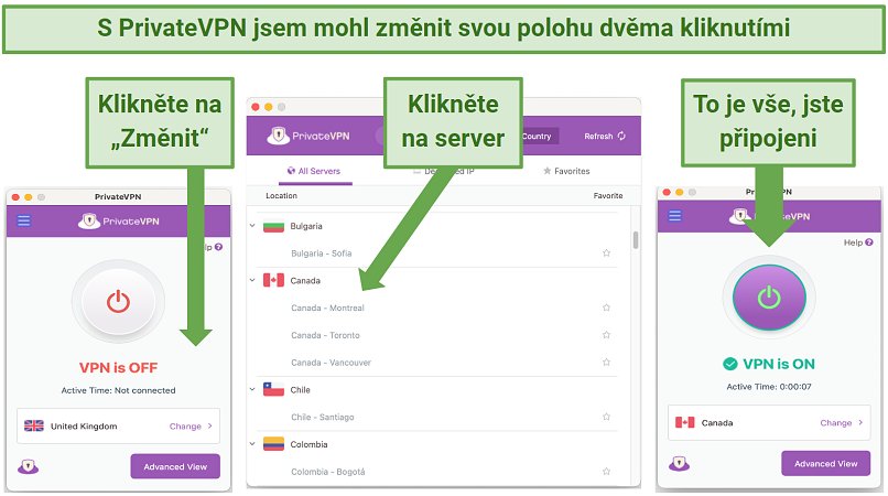 Snímek obrazovky ukazující, jak změnit umístění na PrivateVPN dvěma kliknutími