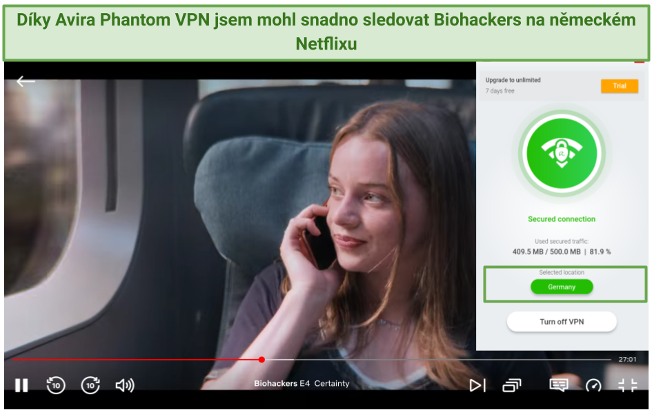 Screenshot of Avira Phantom VPN unblocking German Netflix