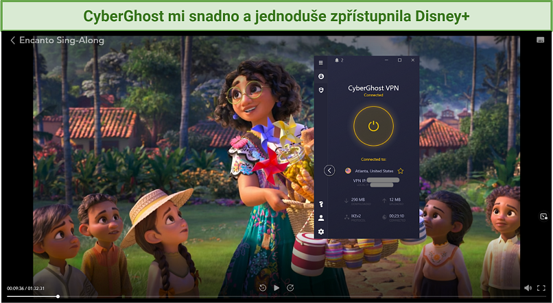 Výstřižek Disney+ zpřístupněného CyberGhost a přehrávajícího film Encanto Sing-Along.