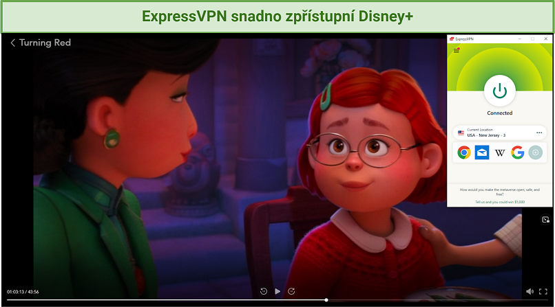 Výstřižek Disney+ zpřístupněného ExpressVPN a přehrávajícího Turning Red.