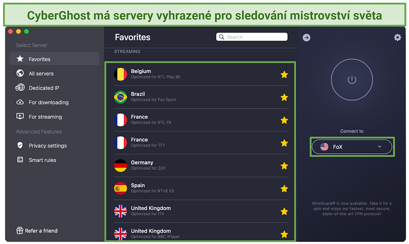 A screenshot of CyberGhost's streaming optimized servers for platforms airing the FIFA World Cup live