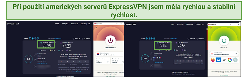 Screenshots of speed tests while connected to some of ExpressVPN's US servers