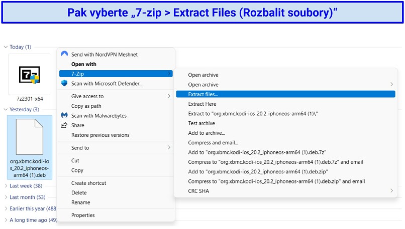 A screenshot showing the process of extracting files from the Kodi DEB file using 7-Zip