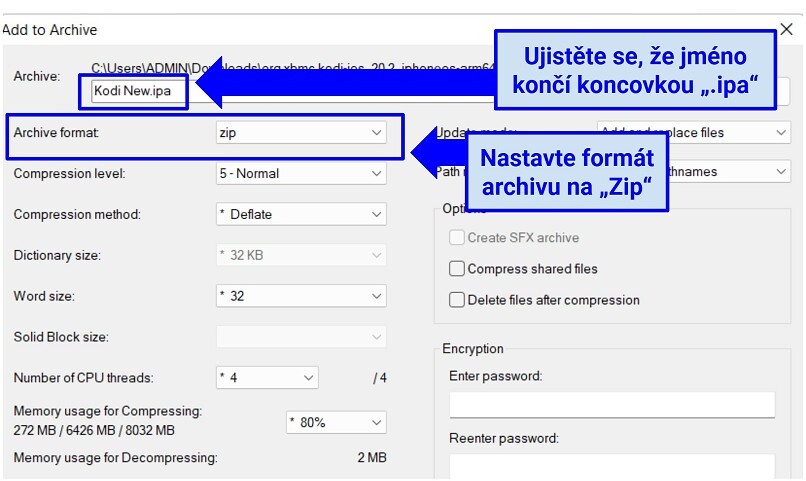 A screenshot showing how to designate a filename for the IPA in 7-Zip and the archive format to select before transitioning from a Kodi DEB file to an IPA file