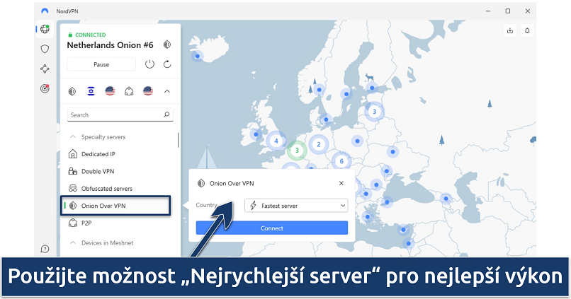 Screenshot of NordVPN's interface, showing Onion over VPN, connected to Netherlands Onion server