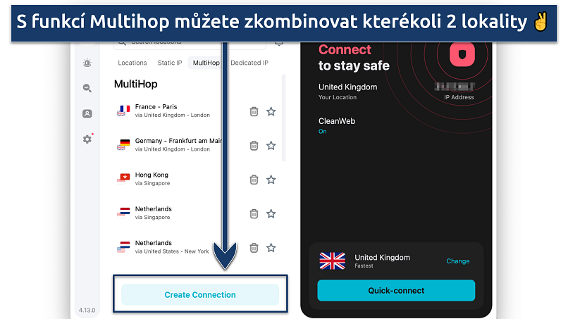 Screenshot of Surfshark's MultiHop panel showing how to create your own location combinations