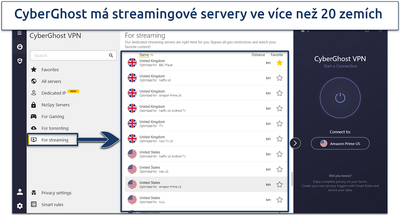 Screenshot of CyberGhost's streaming servers