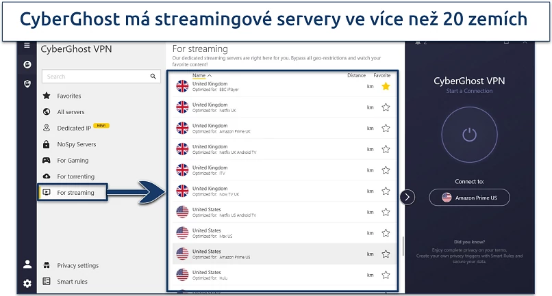 Screenshot of CyberGhost's streaming servers