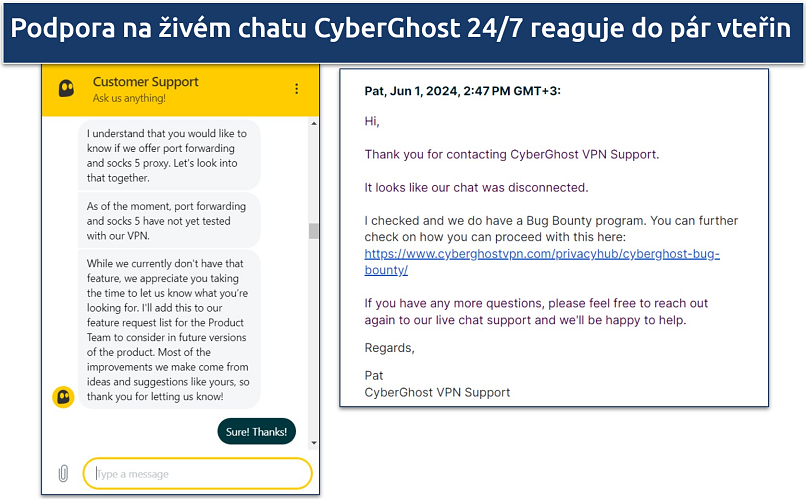 Screenshot of a chat with CyberGhost's customer support