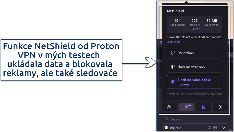 A screenshot showing Proton VPN's NetShield excels at filtering out ads, blocking trackers, and saving data