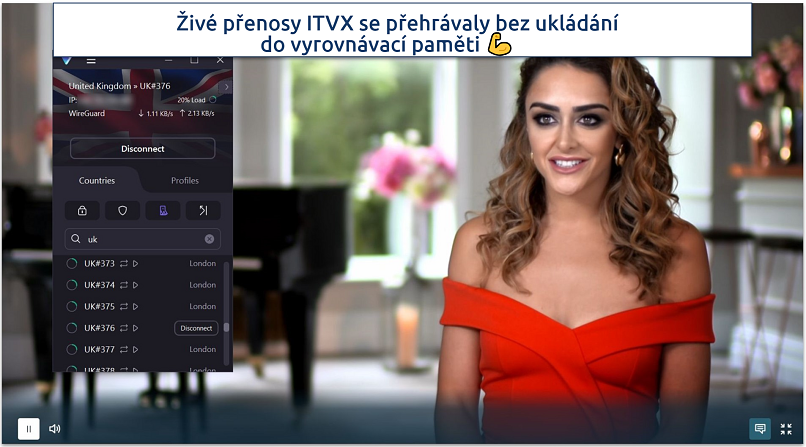 A screenshot of ITVX streaming The Real Housewives of Cheshire while connected to Proton VPN's UK streaming-optimized server