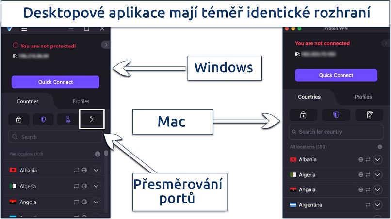 A screenshot showing Proton VPN's interface is almost the same across Mac and Windows apps