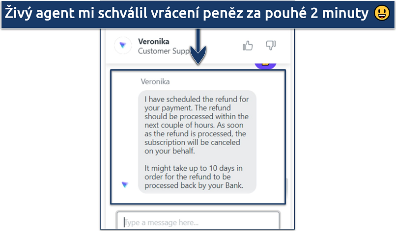 A screenshot showing you can cancel and seek a refund via Proton VPN's live chat feature