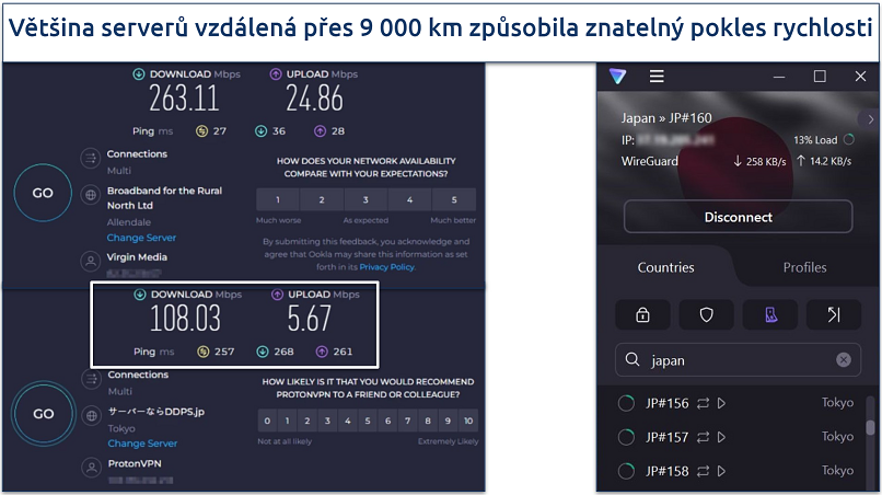 A screenshot of Ookla speed tests done while connected to Proton VPN's Japan server and with no VPN connected