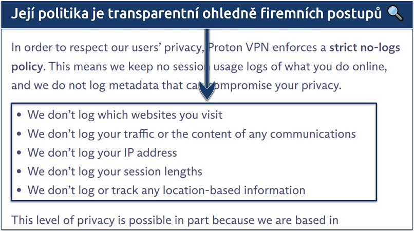 A screenshot showing Proton VPN doesn't log sensitive information like IP address, traffic logs, and session lengths