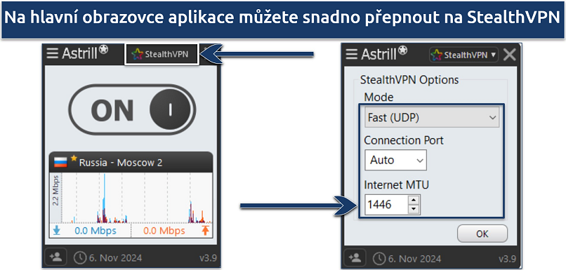 Snímek rozhraní aplikace Astrill VPN připojené k ruskému serveru, zvýraznění protokolu StealthVPN