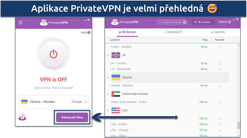 Screenshot aplikace PrivateVPN pro Windows zdůrazňující její snadnou použitelnost