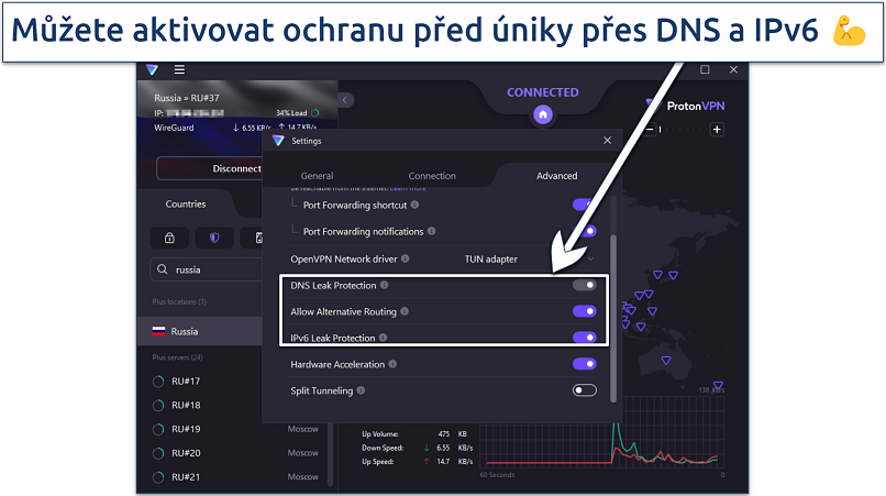 Snímek obrazovky aplikace Proton VPN pro Windows zdůrazňující pokročilá nastavení