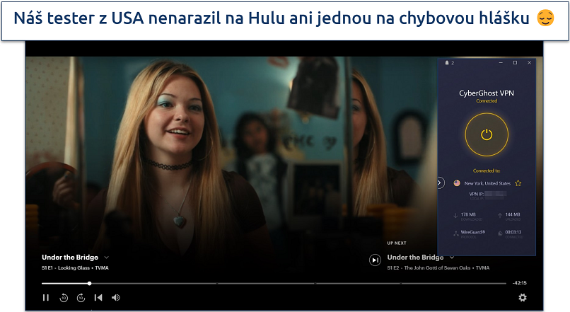 Screenshot of Hulu streaming with CyberGhost connected