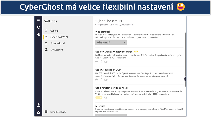 Screenshot showing CyberGhost's Windows UI and displaying the CyberGhost VPN Settings options