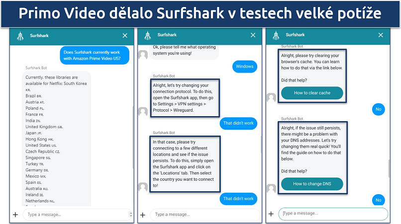 Screenshot of Surfshark's chat support giving troubleshooting tips on getting the VPN to work with Amazon Prime Video