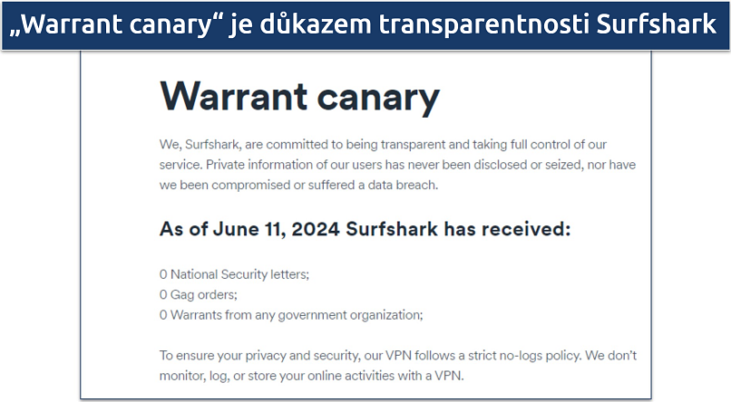 Screenshot of Surfshark's Warrant Canary showing no requests for user data