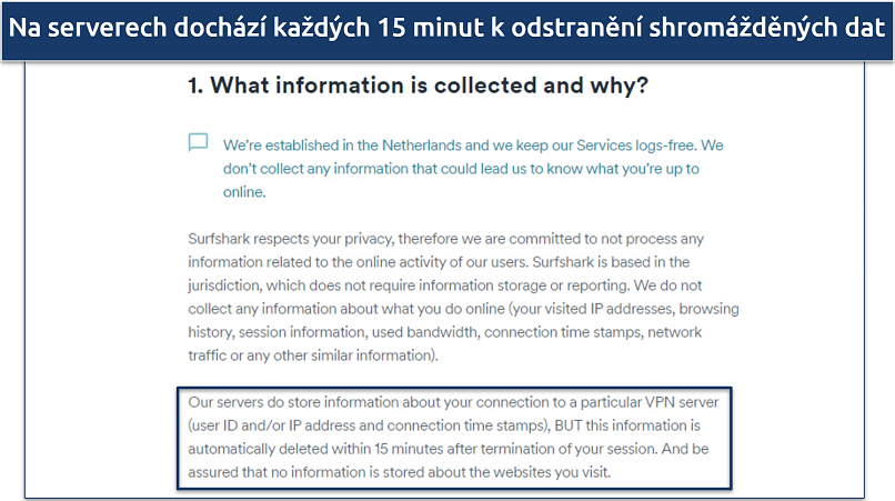 Screenshot of Surfshark's privacy policy highlighting their data collection