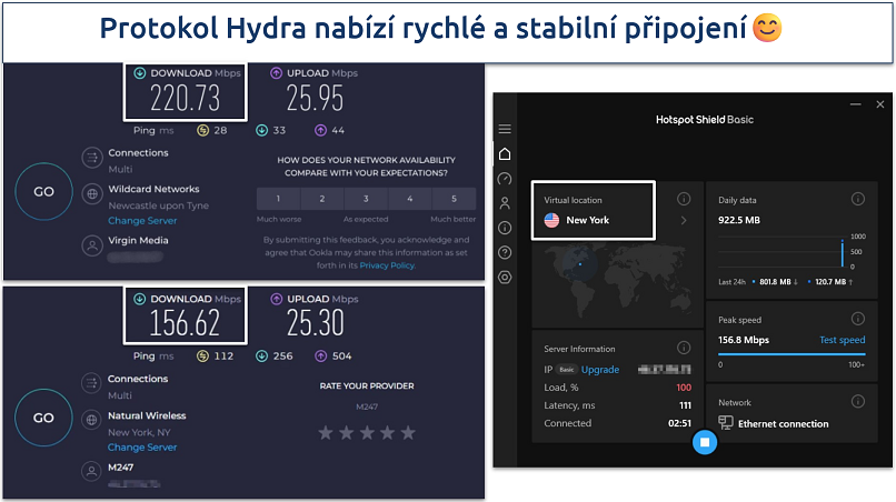 Screenshot of Hotspot Shield's speed test results