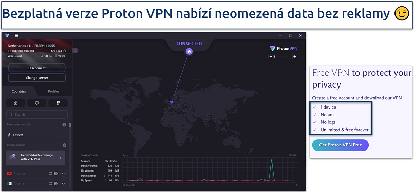 Screenshot of Proton VPN's free app on Windows and unlimited data offer on free plan