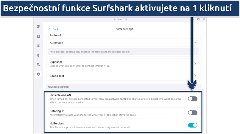 Screenshot of Surfshark's Windows app highlighting advanced security features