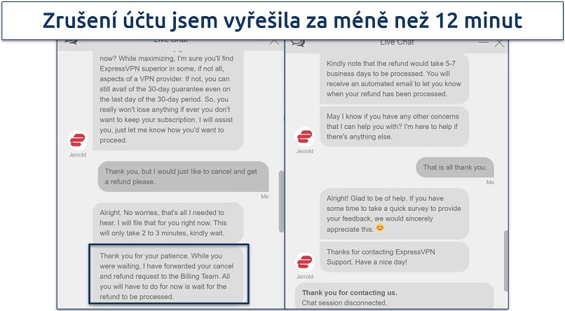 Screenshot of a conversation with ExpressVPN customer support where they approved our cancellation and refund
