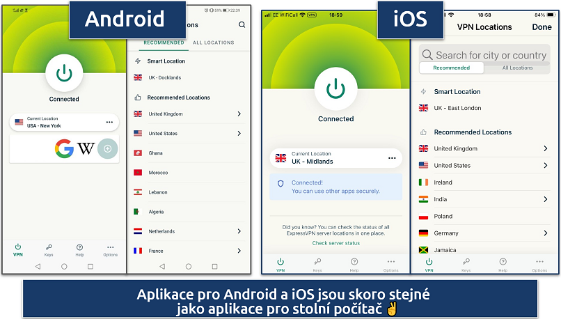 Screenshots of the Android and iOS ExpressVPN apps