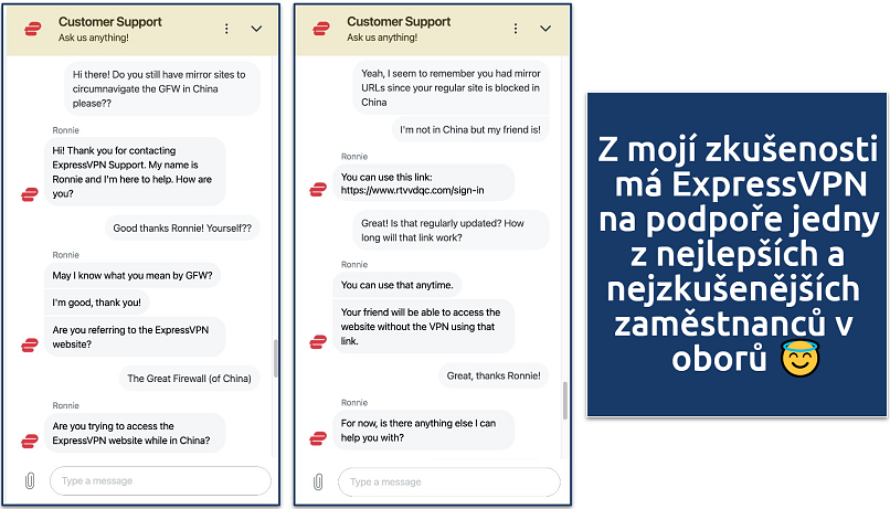 Screenshot showing a chat with the ExpressVPN customer service