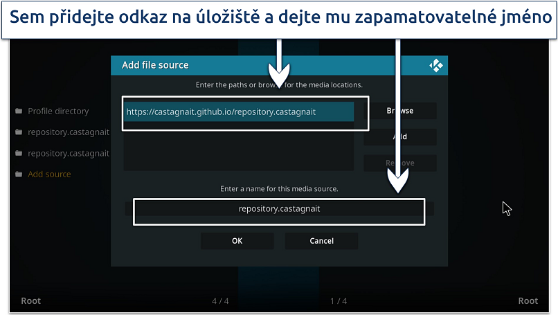 Screenshot showing how to add a file source on Kodi and give it a name