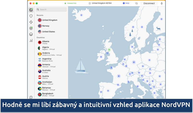 Screenshot of the interactive map and the server list in the NordVPN app