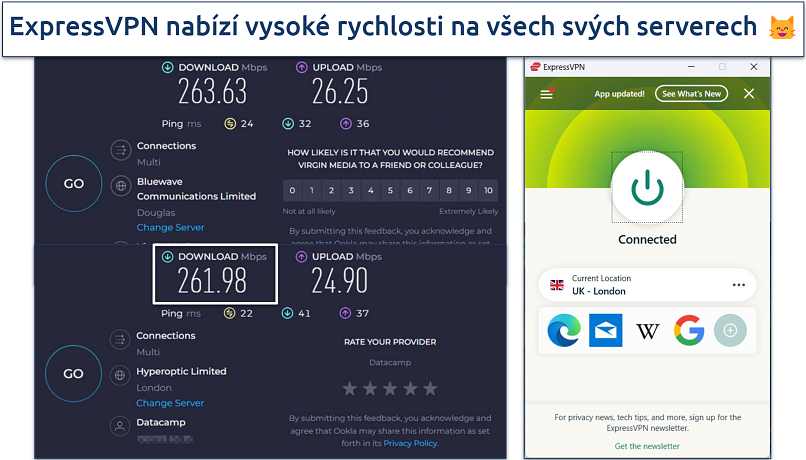 Screenshot testů rychlosti ExpressVPN na Londýnském serveru