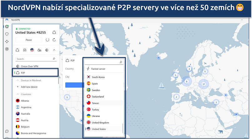 Screenshot aplikace NordVPN pro Windows, který zvýrazňuje specializované servery