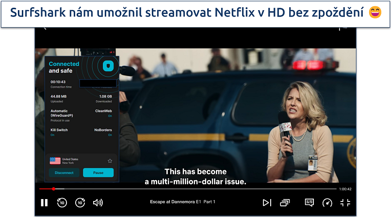 Snímek obrazovky ukazuje streamování Netflixu v USA prostřednictvím serveru NYC na Surfshark