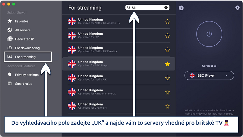 Screenshot of the specialty UK TV servers on CyberGhost's app