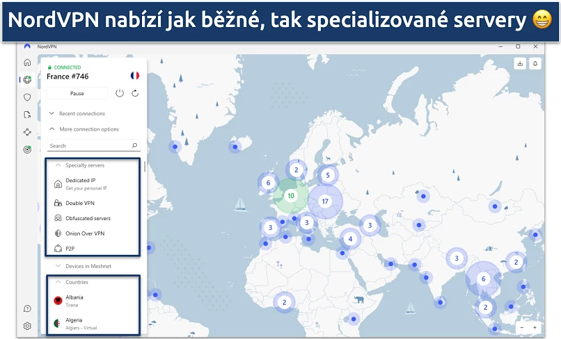 Screenshot of NordVPN's Windows app highlighting the specialty and regular servers