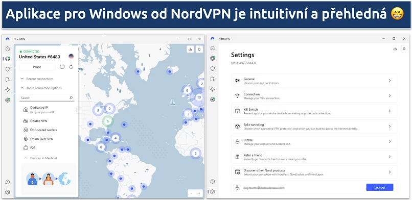 Screenshot of NordVPN's Windows app showing the app server page and the settings page