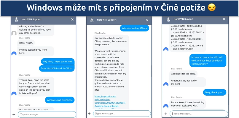 Screenshot of a chat with NordVPN support regarding the VPN's connectivity in China