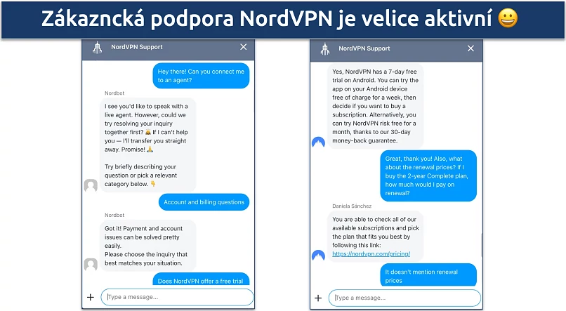 Screenshot of a chat with NordVPN's customer support