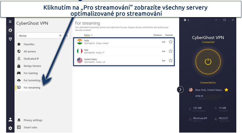 A screenshot of CyberGhost's Windows app showing its 3 Disney+ streaming-optimized servers