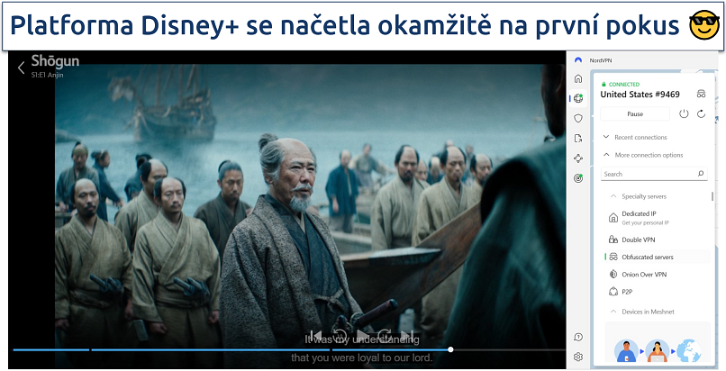 Screenshot of Shogun on Disney+, with NordVPN connected to a US server