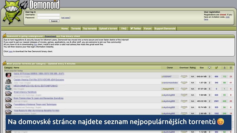 Screenshot of the Demonoid homepage