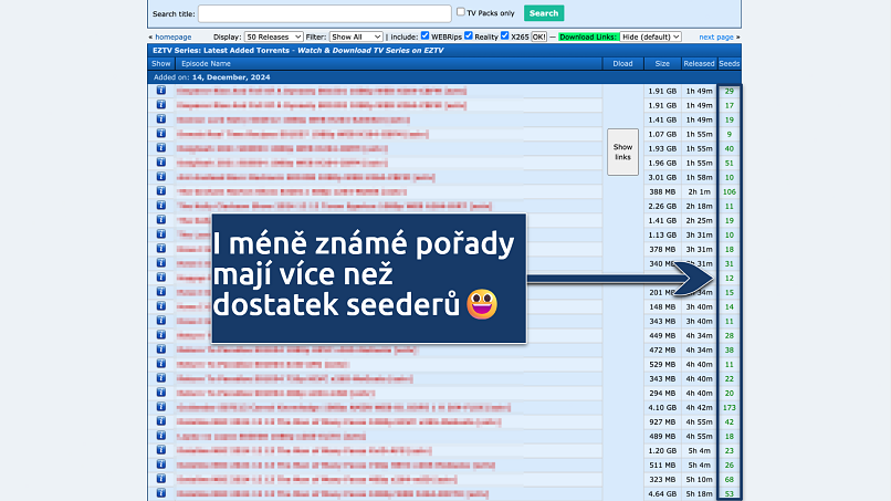 Screenshot of the eztv search results page