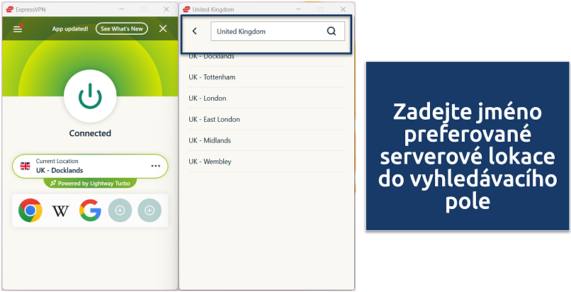 A screenshot showing how to connect to a specific server in the ExpressVPN app