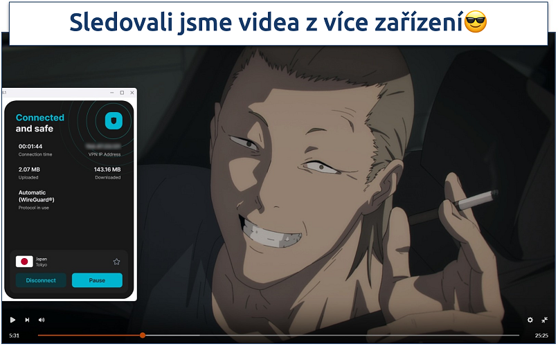 Obrázek přehrávání Chainsaw Man na Crunchyroll přes japonský server Surfshark